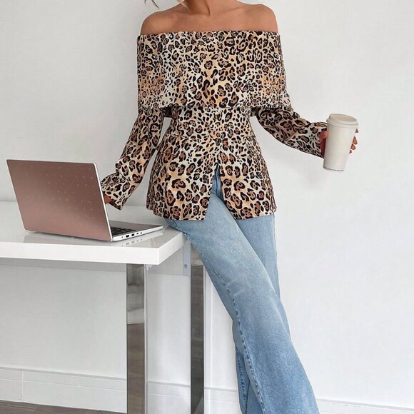 Brown Casual Women's One-Shoulder Leopard Print Long-Sleeved Jacket - Picture 2 of 5
